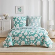 Set letto a due pezzi (copripiumino 200 x 200 cm e 2 cuscini 80 x 80 cm) - Disegno bianco fiorale e verde geometrico a sei lati - Realizzato con microfibra respirante - Copripiumino leggero e soffice