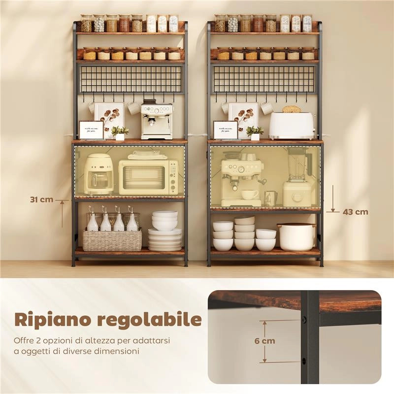 SCAFFALE DA CUCINA CON STAZIONE DI RICARICA, 5 RIPIANI E 10 GANCI A S, IN LEGNO E ACCIAIO, 80X40X170 CM, MARRONE