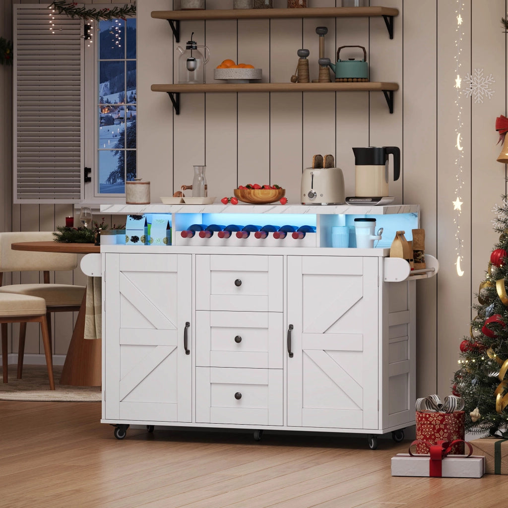 Carrello cucina con piano ribaltabile, 2 porte, 3 cassetti, LED RGB e ruote frenanti, 138 x 60 x 93 cm