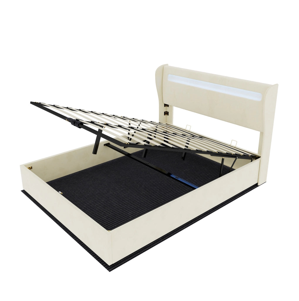 Letto imbottito ULEVR 160x200 cm con testiera regolabile e illuminazione LED multicolore, beige