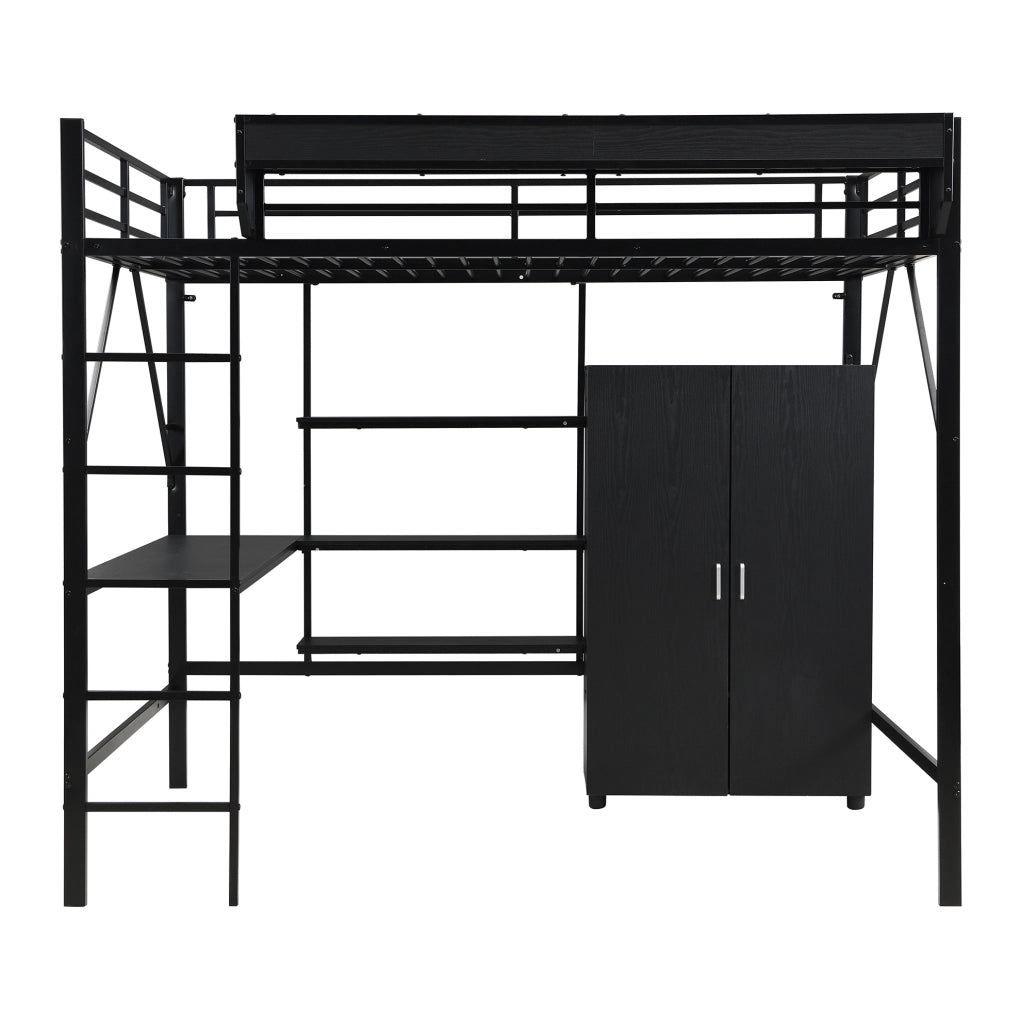 Letto a soppalco ULEVR 140x200 cm con scrivania, armadio integrato e ripiani, metallo e MDF nero