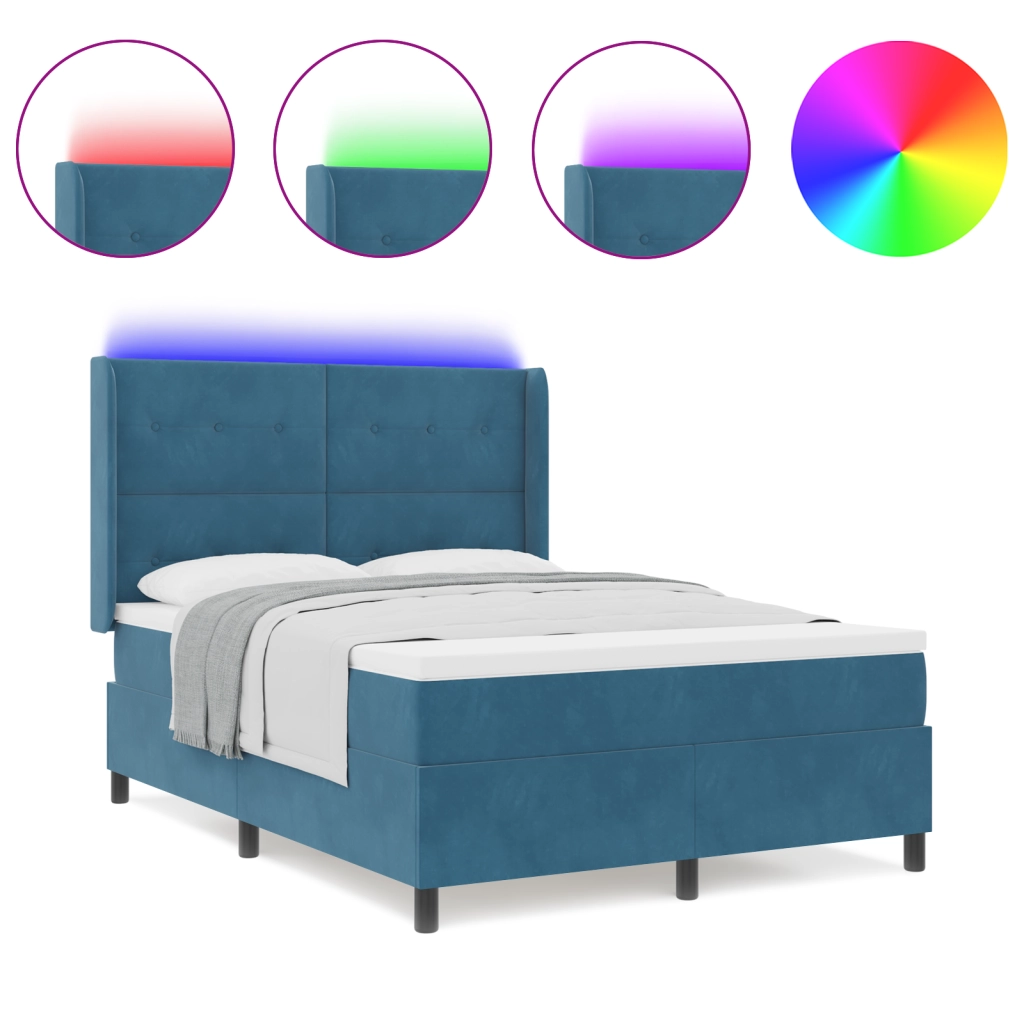 Letto a molle con materasso e LED Blu Scuro 140x190 cm Velluto
