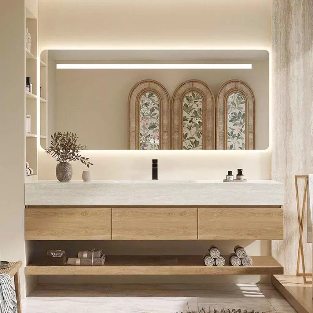 Set mobile bagno sospeso effetto travertino con lavabo in pietra sinterizzata e specchio foro per rubinetto 120×55 cm