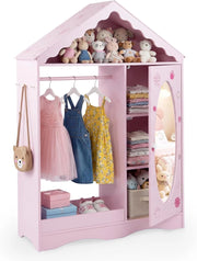 Armadio con Specchio per Bambini, Guardaroba Coperto con Appendiabiti Aperto, Scaffali e Ganci, Armadio e Organizzatore di Costumi per Camera da Letto e Stanza dei Giochi (Rosa)