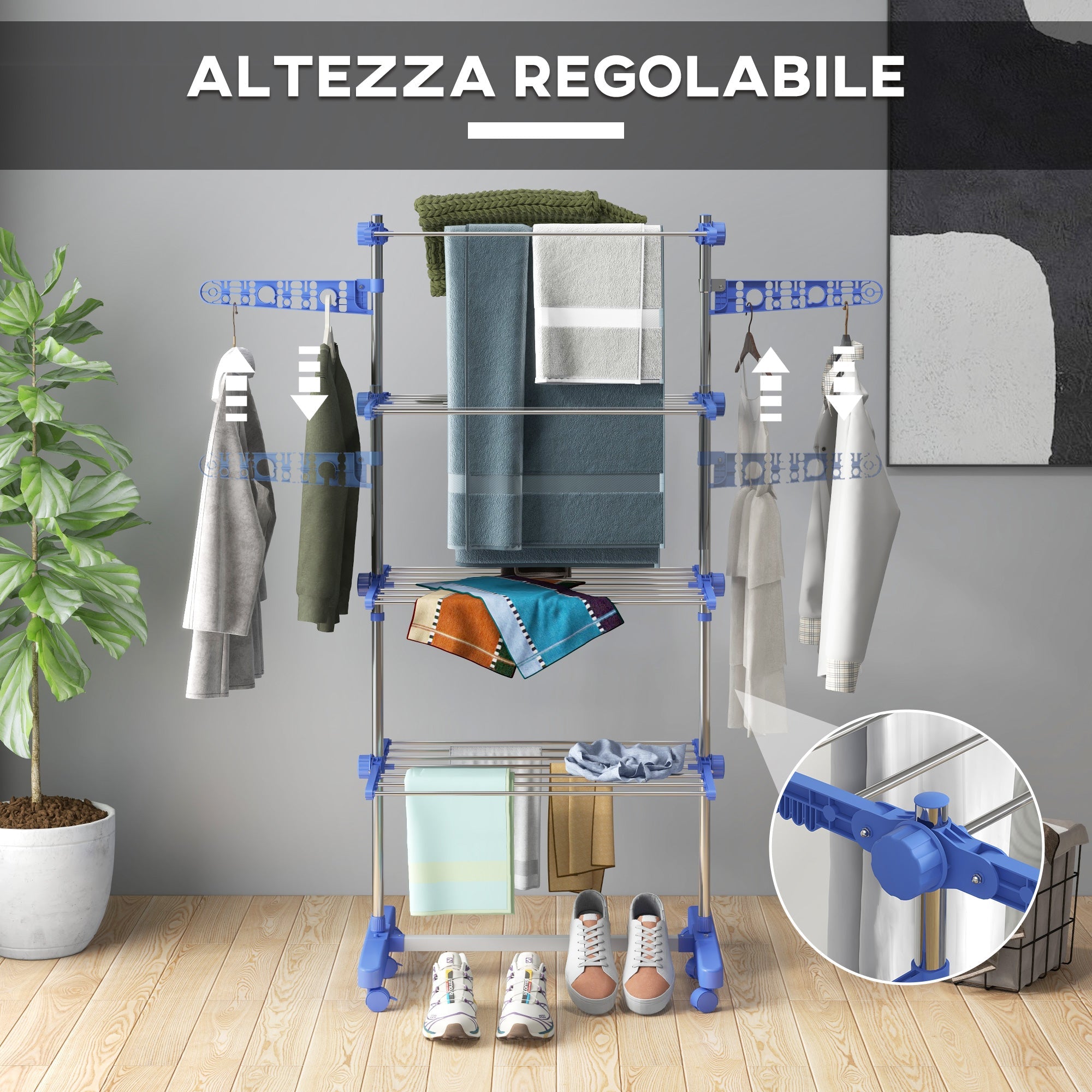 Stendino Verticale con 4 Ripiani Regolabili 142x55x172 cm in Acciaio e Plastica Blu e Argento