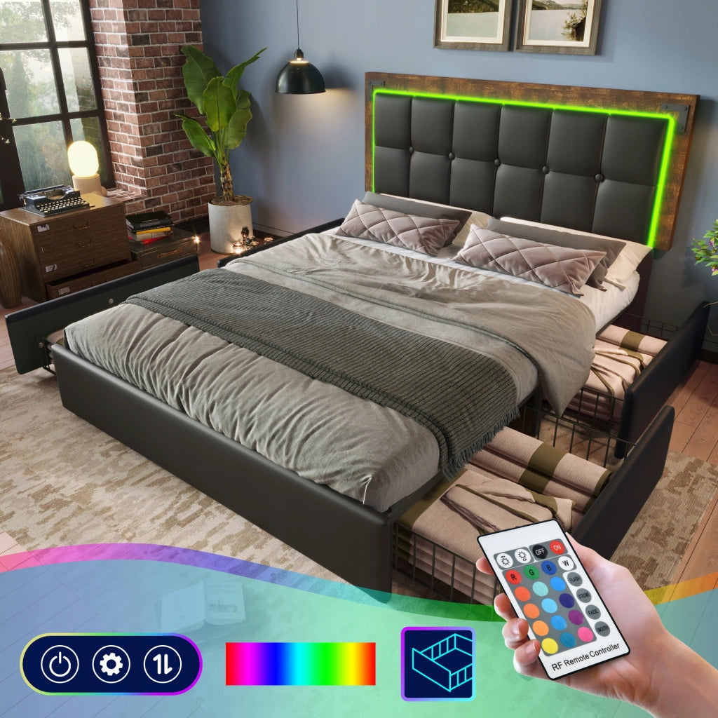 Letto imbottito 140x200 - Xylo - LED e 4 cassetti