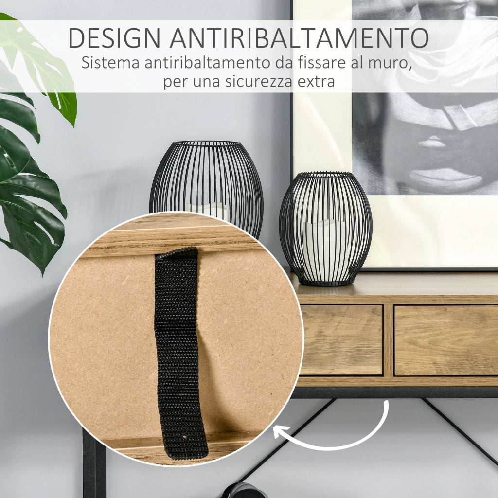 EasyComfort Tavolo Consolle Stile Vintage in Metallo e Legno con 2 Cassetti e Mensola, 100x35x76.5cm, Marrone