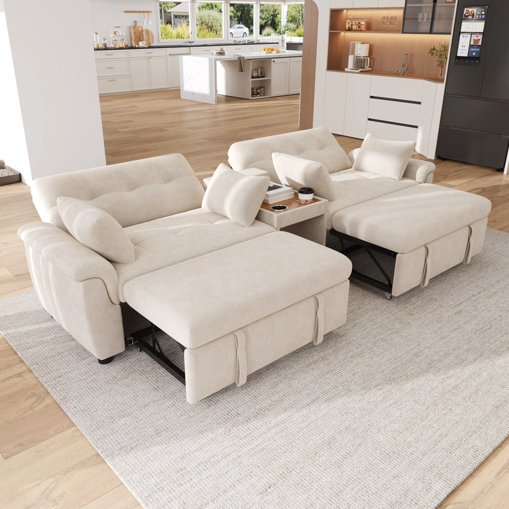 Divano letto estraibile a 2 posti letto con schienale reclinabile, console centrale con 2 portabicchieri, tessuto Chenille beige, 284¡Á138¡Á89 cm