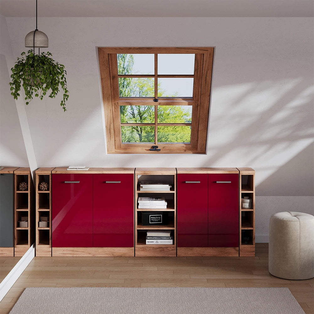 Set di mobili sottotetto Rion Rosso lucido/Rovere dorato 210 cm Set di 5 carcasse armadio profondità 60 cm Vicco