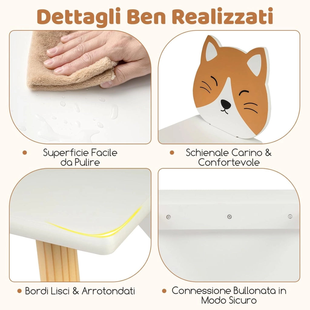 Set Tavolo e Sedie per Bambini 3+ Anni, Set Tavolino e Sedia in Legno a Forma di Gattino, Angoli Arrondati, Sedia Ergonomica con Schienale, Ideale per Giocare, Disegnare e Leggere