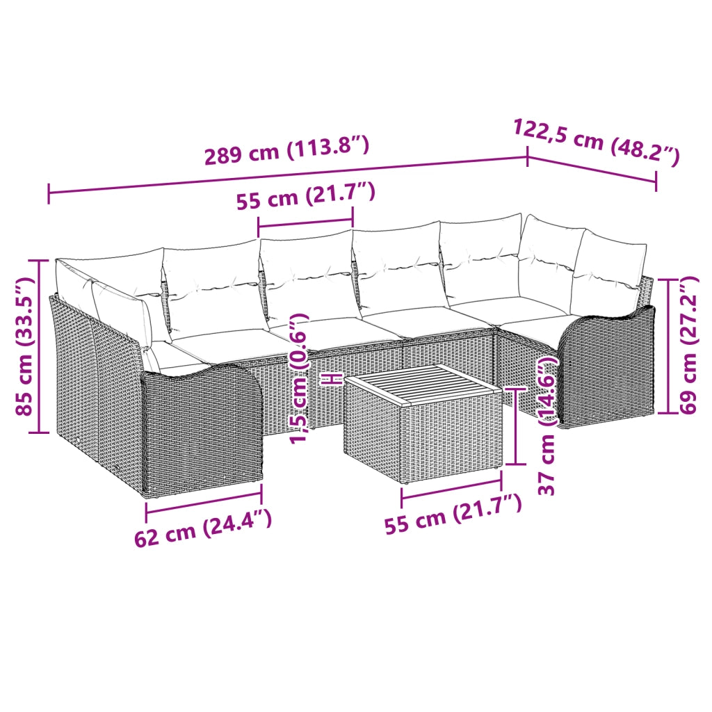 Set di divani da giardino  8 pezzi con cuscini neri in polyrattan e acacia