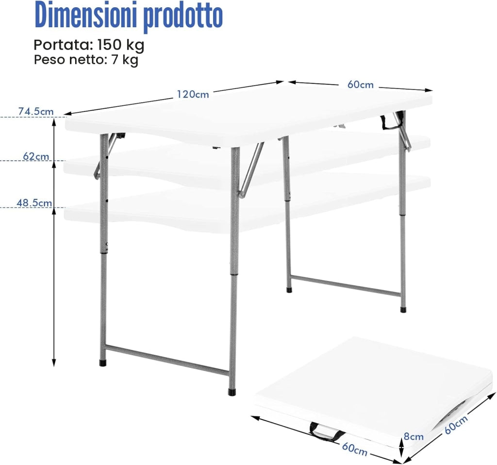 Tavolo Pieghevole Regolabile in Altezza, Tavolo Campeggio Richiudibile e Portatile con Maniglia di Trasporto, Tavolo Picnic Salvaspazio in HDPE, Telaio in Ferro, 120 x 60 x 74,5 cm, Bianco