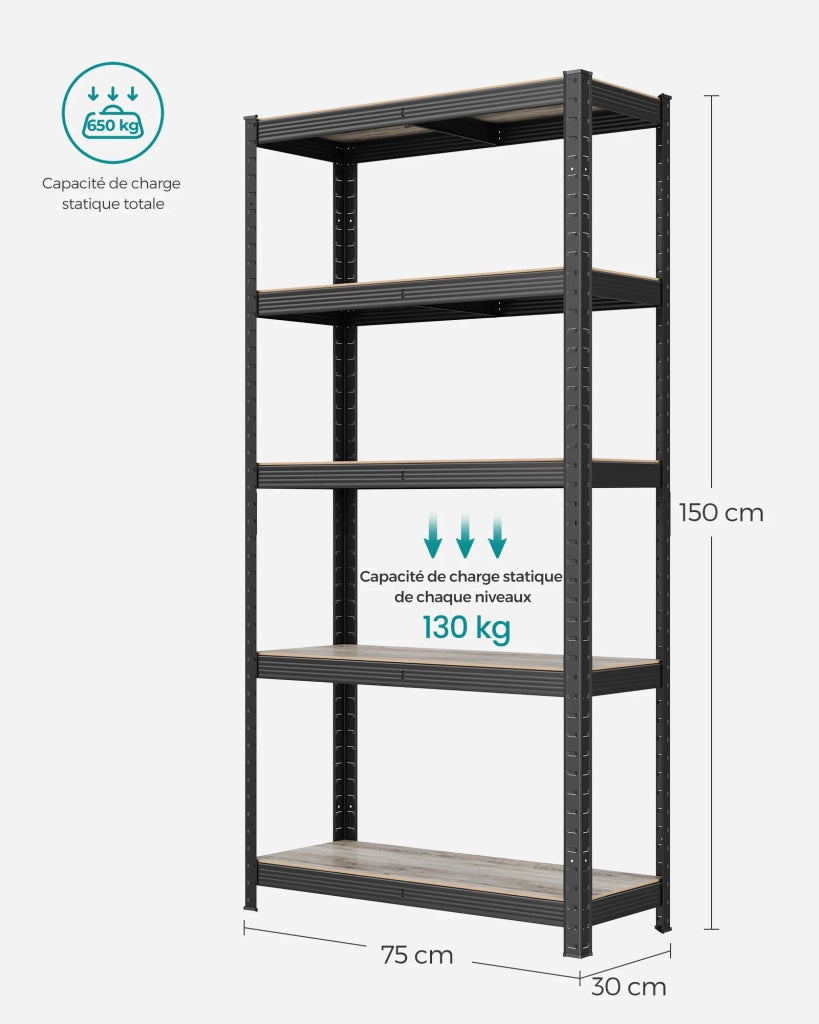 Scaffale a 5 ripiani 150 x 75 x 30 cm portata totale 650 kg (130 kg/ripiano) scaffale in stile industriale con ripiani regolabili per soggiorno o cucina nero 12_0005441