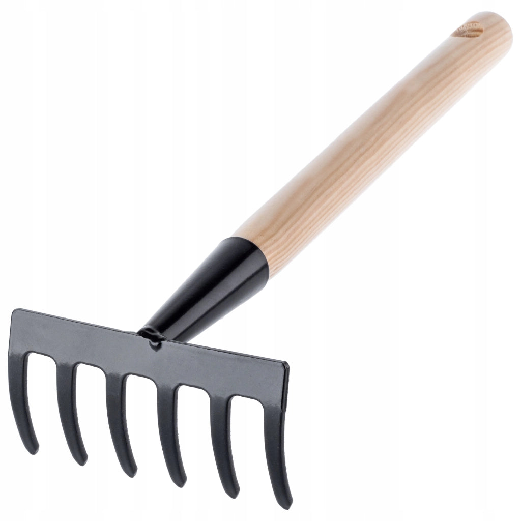 Rastrello da giardino in metallo KADAX, piccolo, 33 cm, 6 denti, manico in legno massello