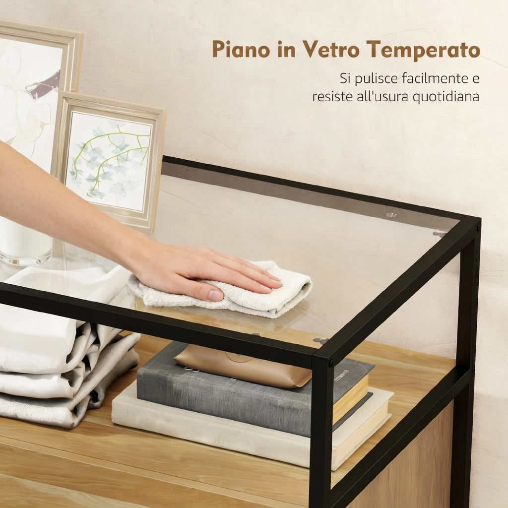 Cassettiera 4 Cassetti, Ripiano Aperto, Acciaio, Vetro Temperato