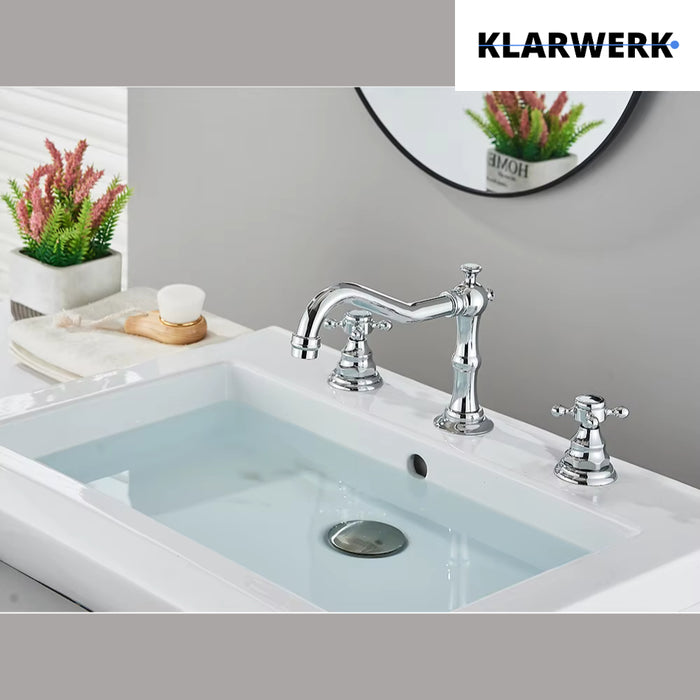 JULIAN | Rubinetto da bagno vintage a 3 fori cromo lucido Lavello in acciaio inossidabile retrò premium | Antico miscelatore 2 maniglie argento