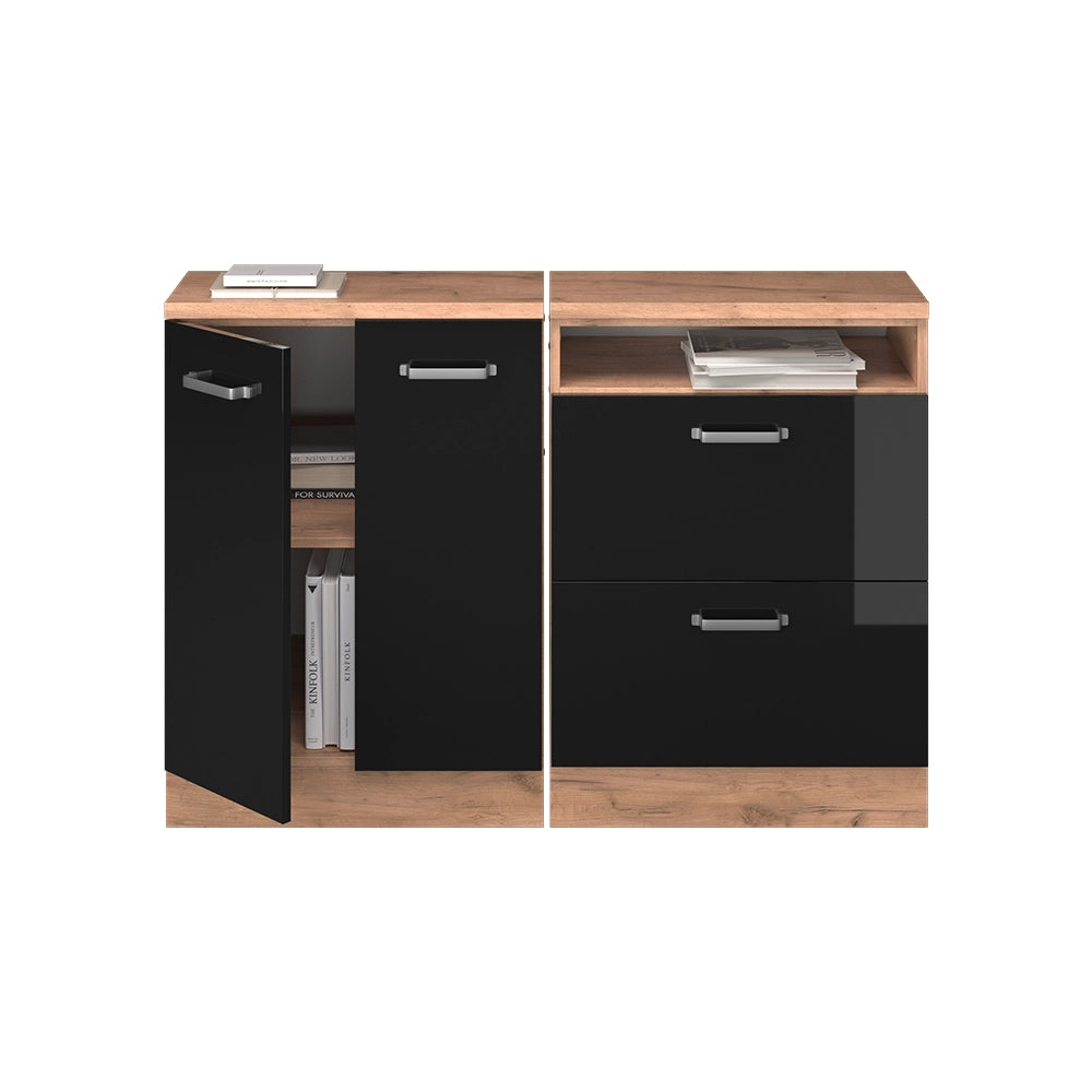Set di mobili sottotetto Rion Nero lucido/Rovere dorato 120 cm Set di 2 carcasse armadio profondità 60 cm Vicco