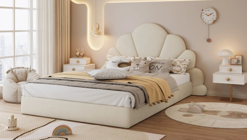 Letto matrimoniale imbottito beige in velluto con testiera floreale 140x200 cm