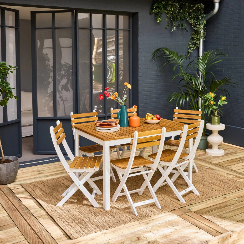 Set tavolo da giardino in acacia con angoli arrotondati con 6 sedie,