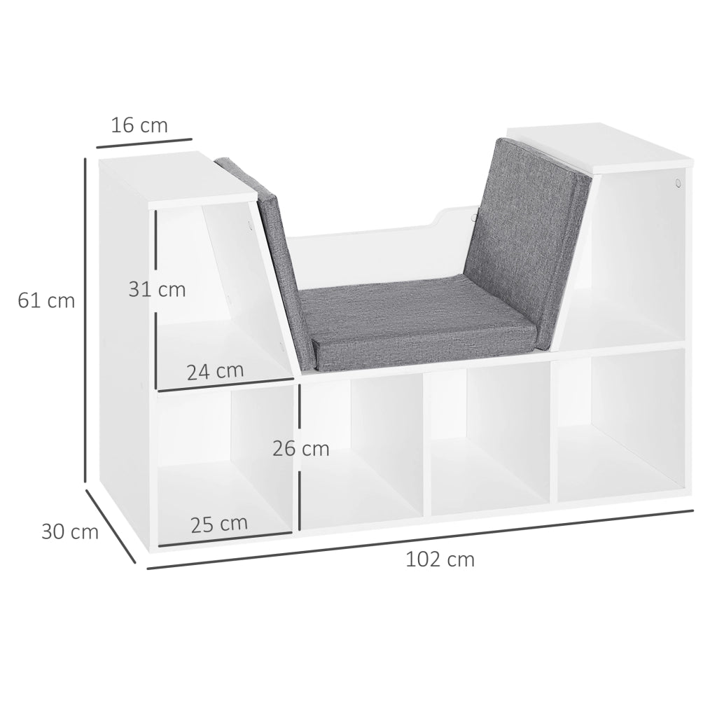 Mobile Libreria 102x30x61 cm a 6 Sezioni Seduta con Cuscini Morbidi in Legno Spugna e Poliestere Bianco