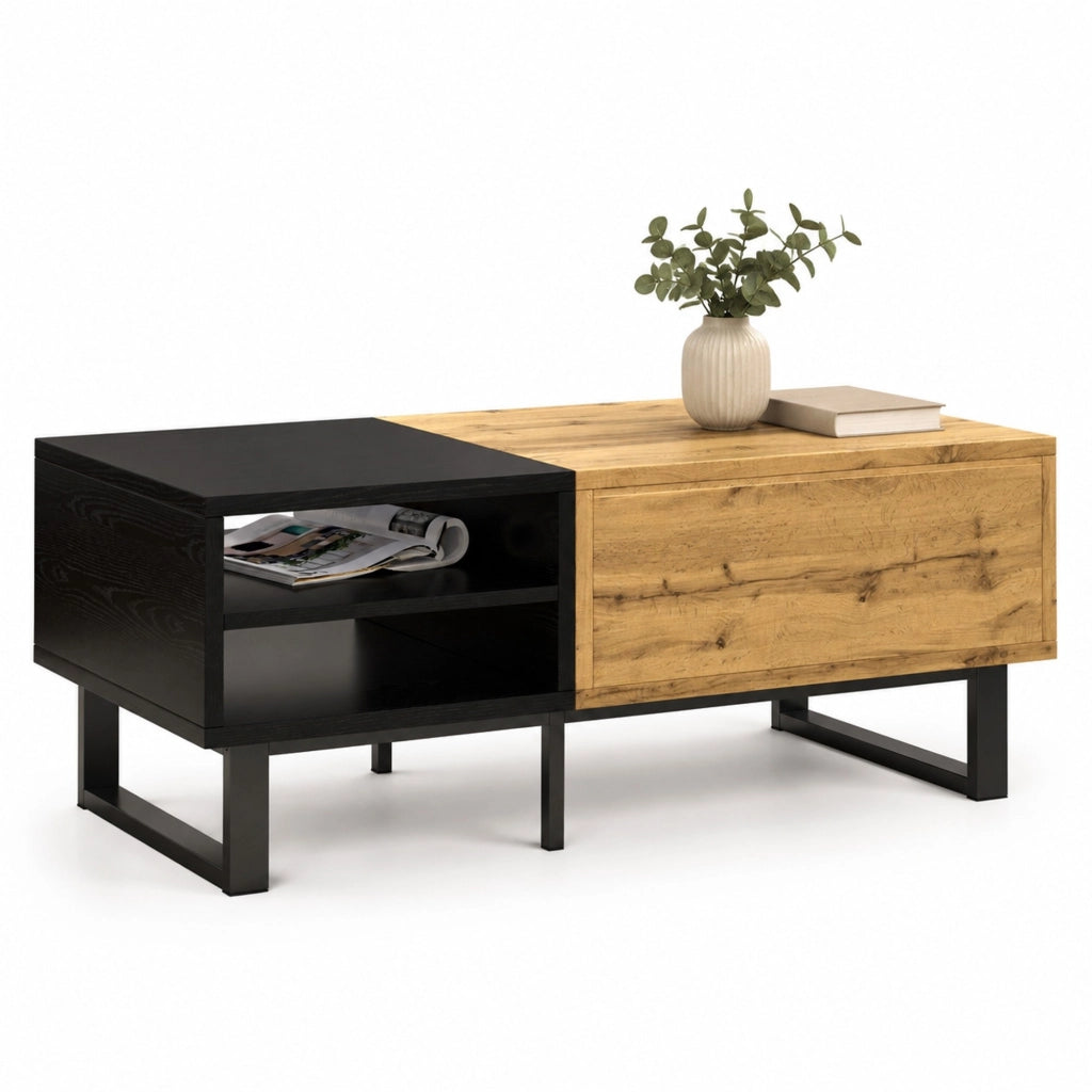 TAVOLINO DA SALOTTO 100x50x40 cm Nero e Legno con 3 vani e cassetto
