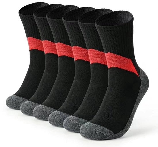 6 Pair di calze da lavoro ad alta tenuta per uomini, calze da sport con trattamento idrorepellente (nero e rosso)