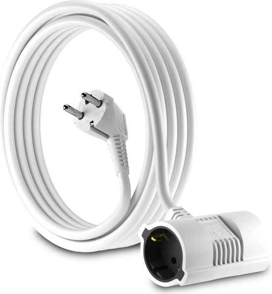 Cavo di estensione 5 metri Schuko IP20-90° curvo bianco con 2 prese a doppio contatto - connessione a terra - fino a 250V 50Hz 16A - 5m cavo Schuko con 2 connessioni a terra