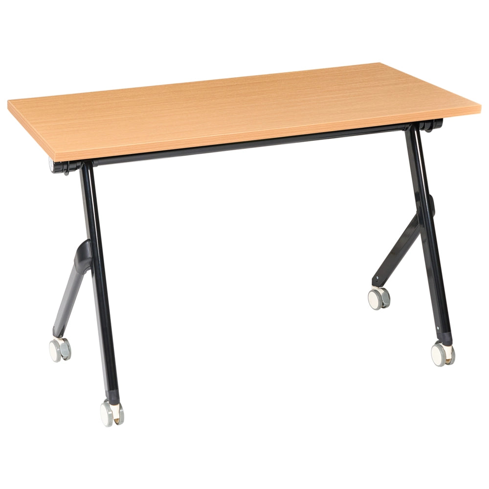 Scrivania da ufficio pieghevole con struttura in metallo marrone e nero, piano in MFC 120 x 60 cm, tavolo pieghevole portatile con rotelle