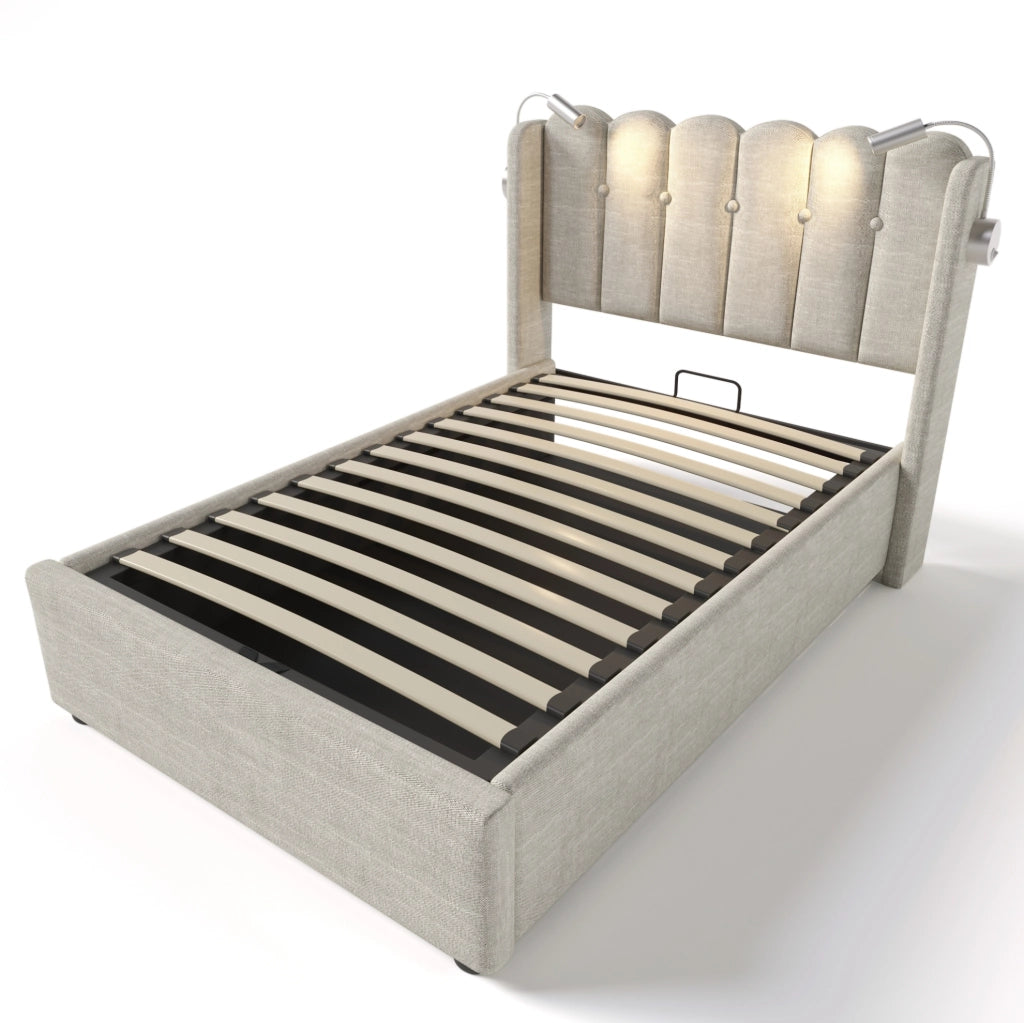 Letto singolo imbottito contenitore 90x200 cm in lino naturale con luce da lettura e USB