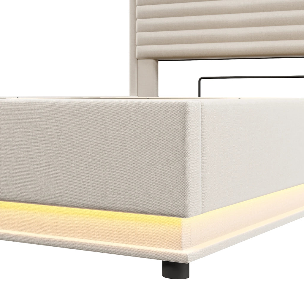 DESMIU Letto contenitore 140 × 200 cm 2 posti con LED, USB Type-C, vano idraulico, senza materasso, in lino, beige