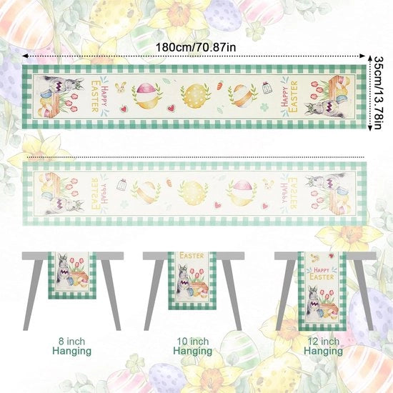 Decorazione di Pasqua per tavola, uova di Pasqua, conigli, carote, lepri, fiori, uova di Pasqua con lepre, modello di uovo di Pasqua, per primavera, Pasqua, decorazione di tavola per interni ed esterni, 183 x 33 cm