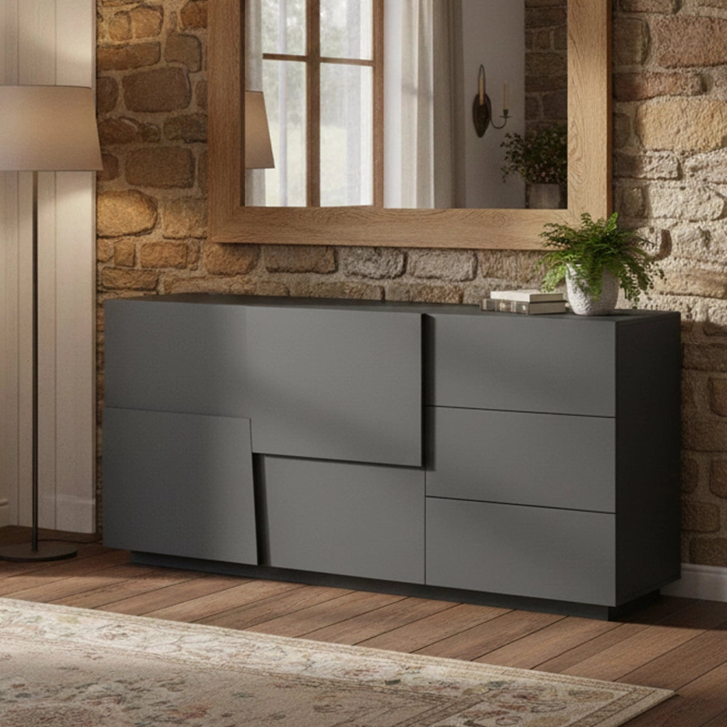 Credenza Avelignese, Buffet da soggiorno, Madia da salotto con 2 ante e 3 cassetti, 180x44h86 cm, Antracite