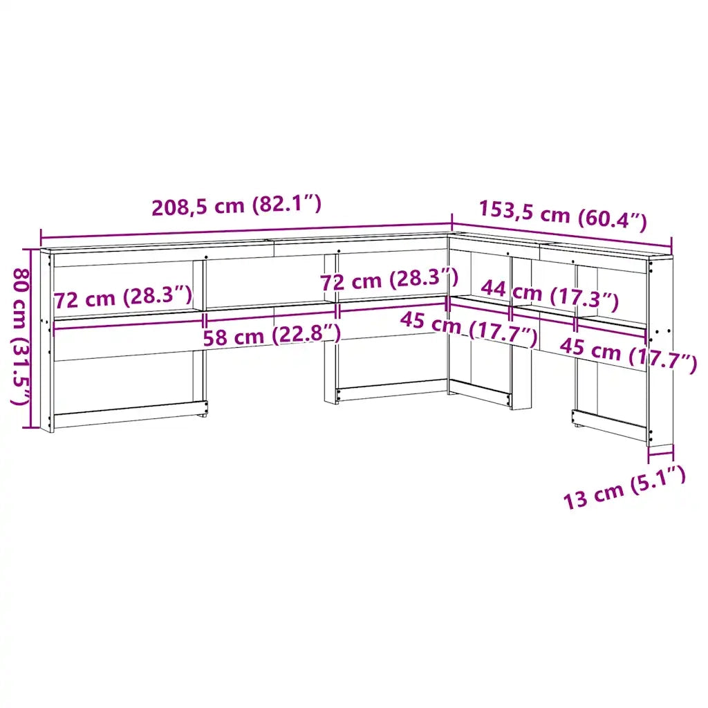 Testiera libreria a L-Testata contenitore bianca 135 cm in legno massello di pino