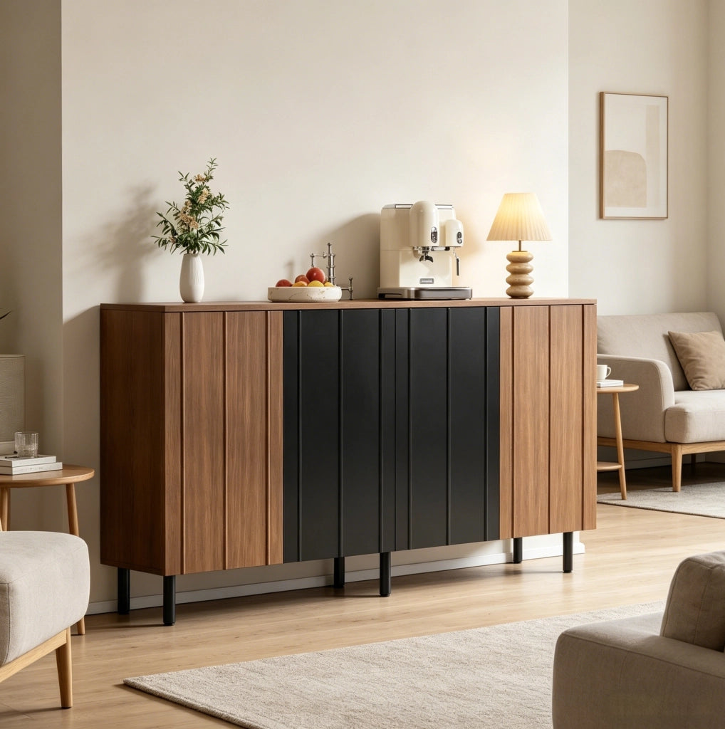 Credenza ULEVR 160x35x80 cm con 4 ante e ripiani regolabili, effetto noce e nero
