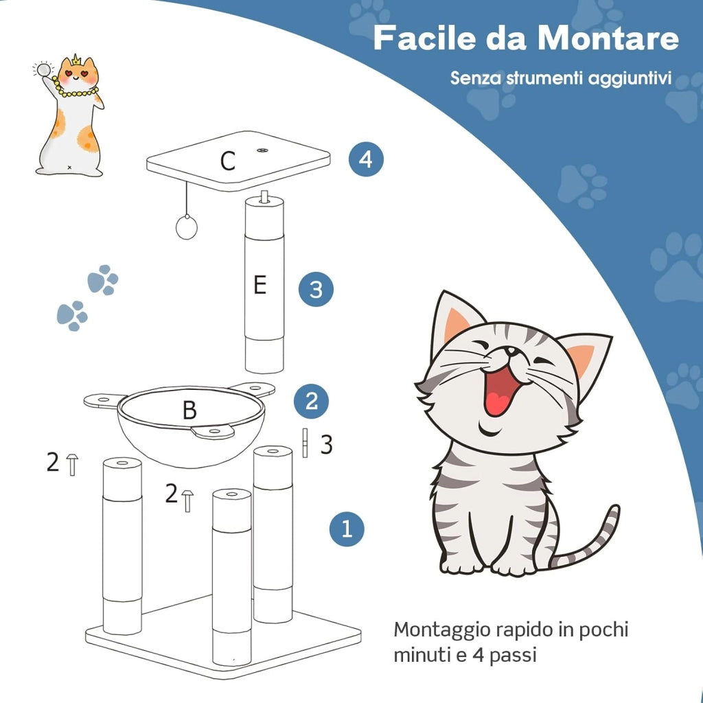 Tiragraffi per Gatti, Albero Tiragraffi Gatto con Amaca, Piattaforma, Tiragraffi in Sisal e Pallina, Tiragraffi da Divano in Legno per Gatti Piccoli, 40 x 40 x 64 cm (Grigio)