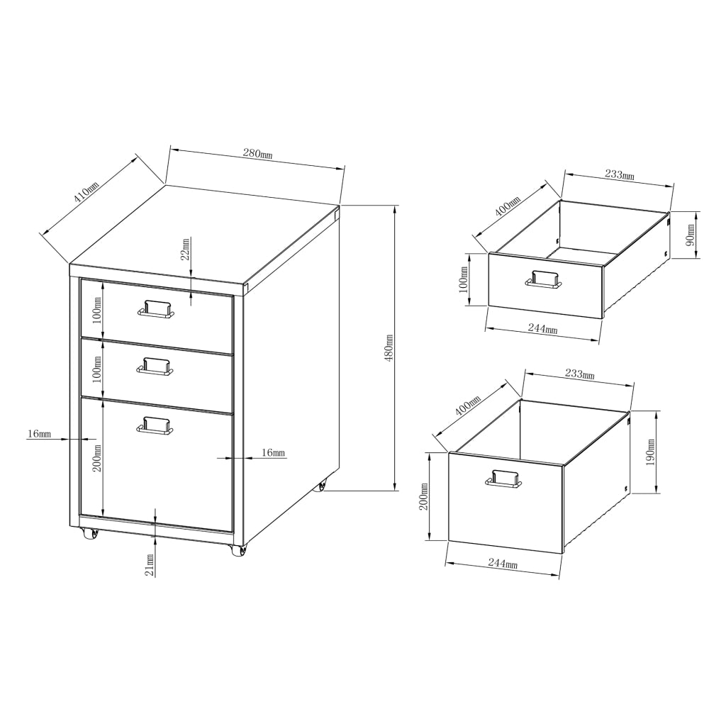 Cassettiera Kökar in Acciaio Mobile Archivio con 3 Cassetti e Rotelle - Bianco Opaco [en.casa]