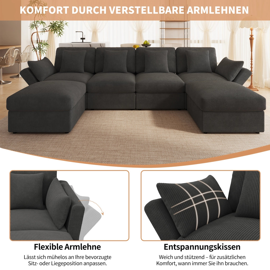 DIVANO ANGOLARE MODULARE 290 x 159,5 x 89 cm in Corda Grigio con 2 Pouf