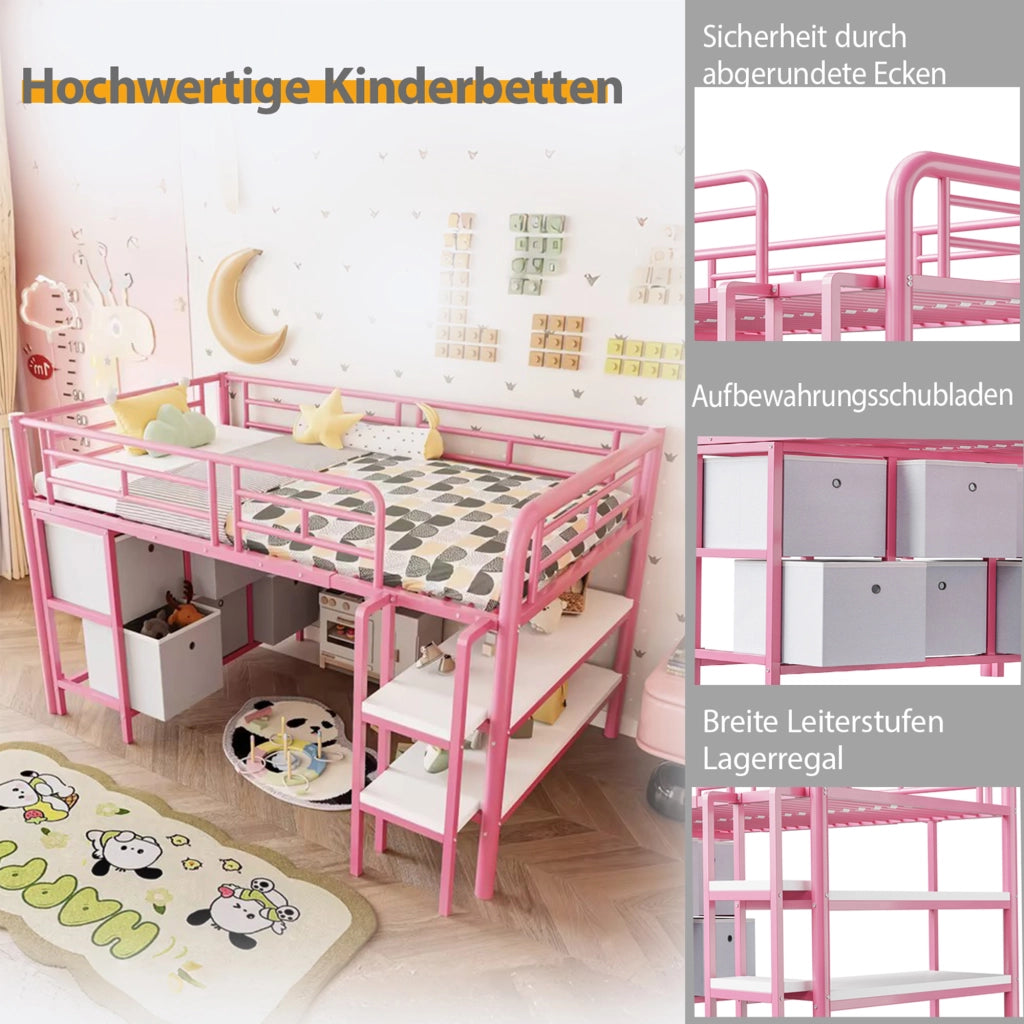 Letto a soppalco bambino 90×200 cm con scala; cassetti e ripiani; senza materasso; metallo; rosa