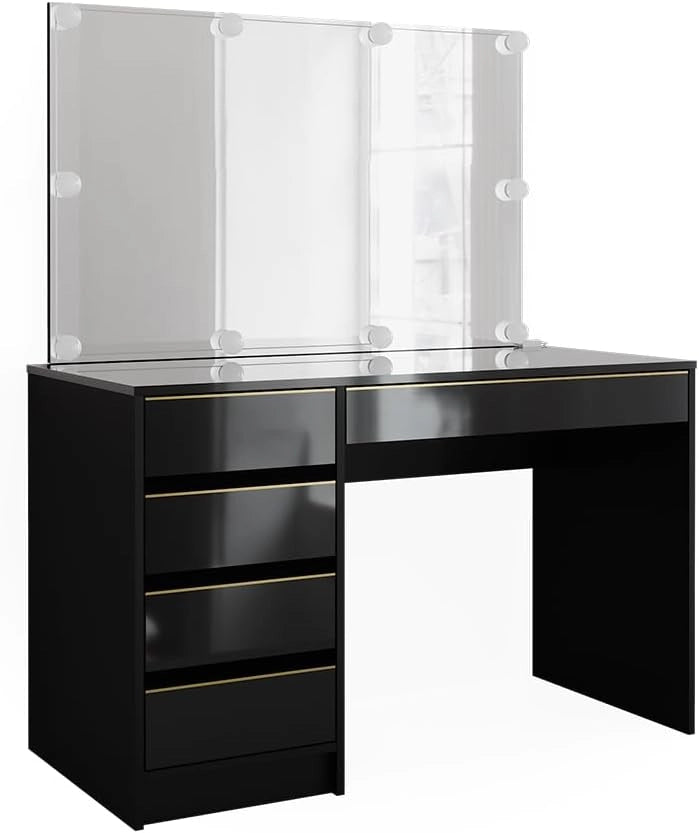 Vicco Set tavolino da toilette Sherry, Nero/oro, 120 cm con illuminazione a LED, con illuminazione LED e grande specchio rettangolare