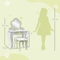 Set Toeletta per Bambina con Specchio Trucco e Sgabello Abbinato in Legno, Cassetto e Contenitori, Bianco