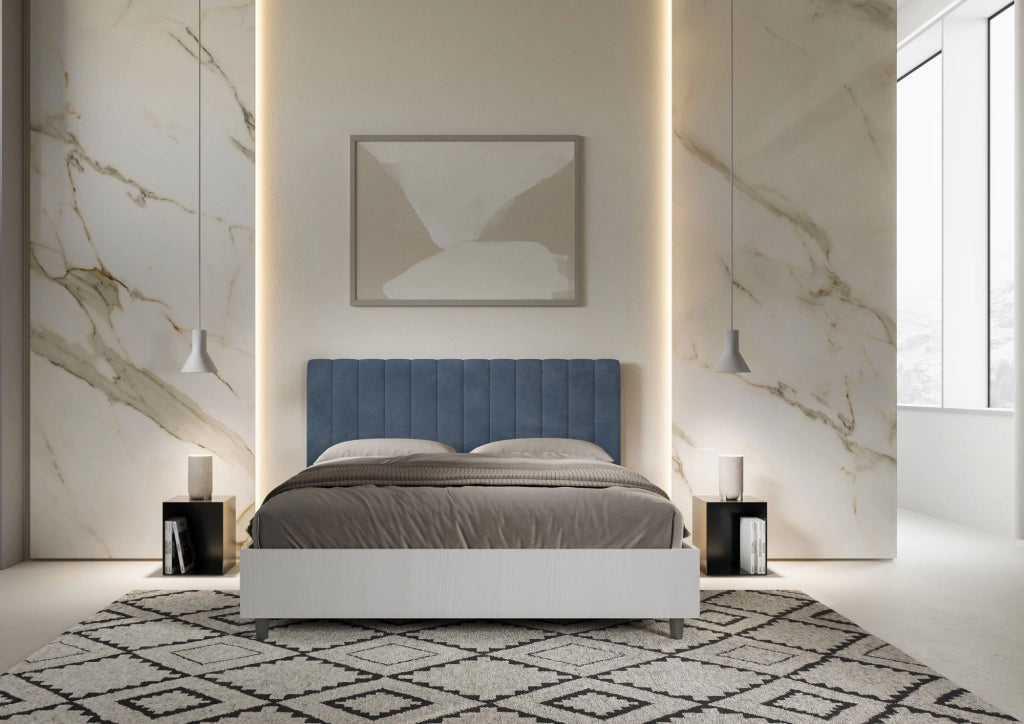 BS COM Letto matrimoniale con rete 160x190 bianco frassino testata microfibra blu