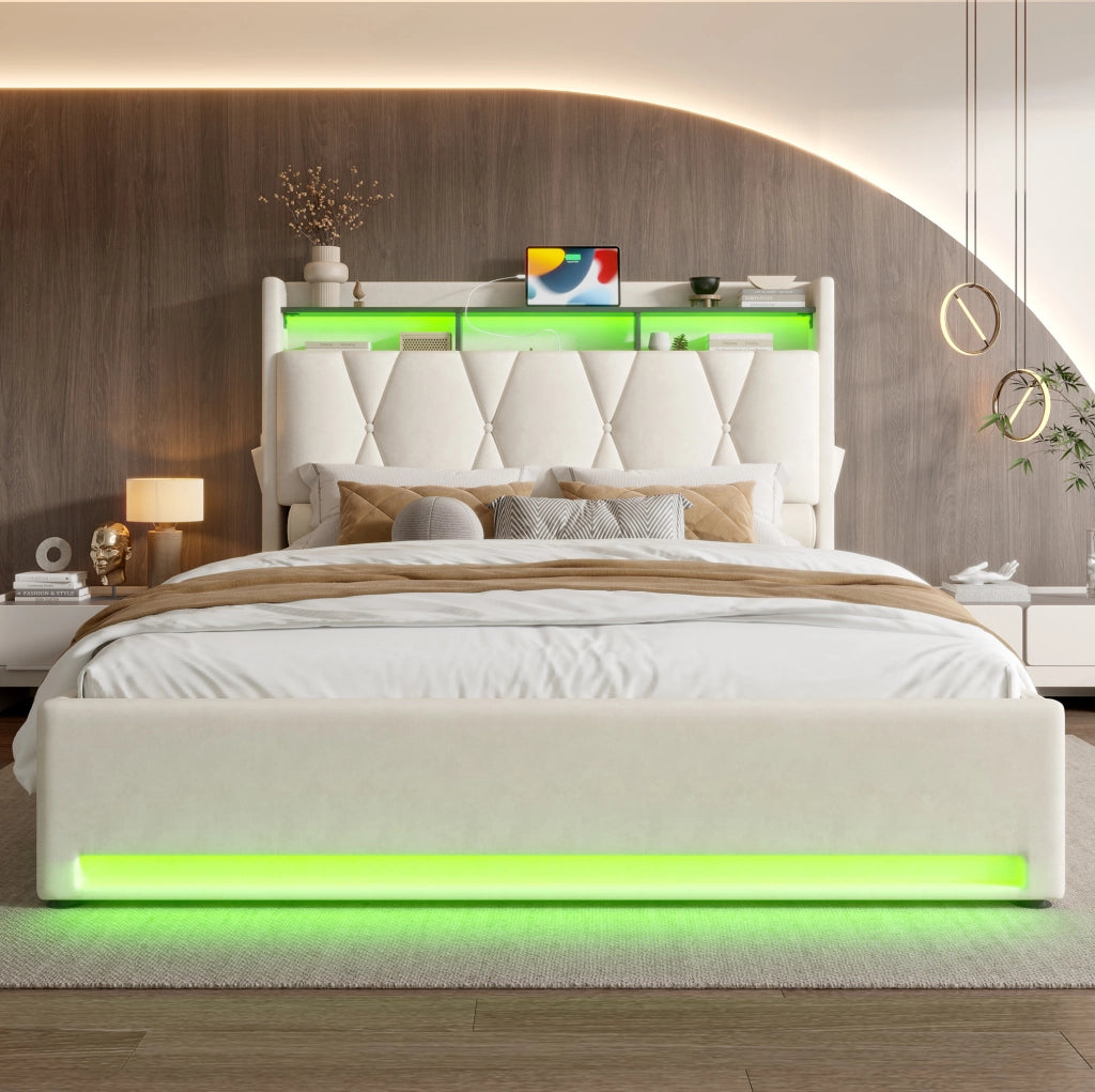 Letto matrimoniale 140x200 cm in velluto beige con contenitore, luci e ricarica integrata