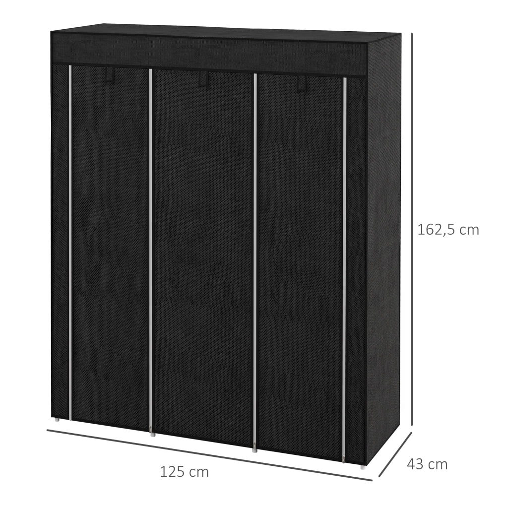 Armadio in tessuto con 2 appendiabiti e 8 ripiani, struttura in acciaio, per camera da letto, nero, 125 × 43 × 162,5 cm