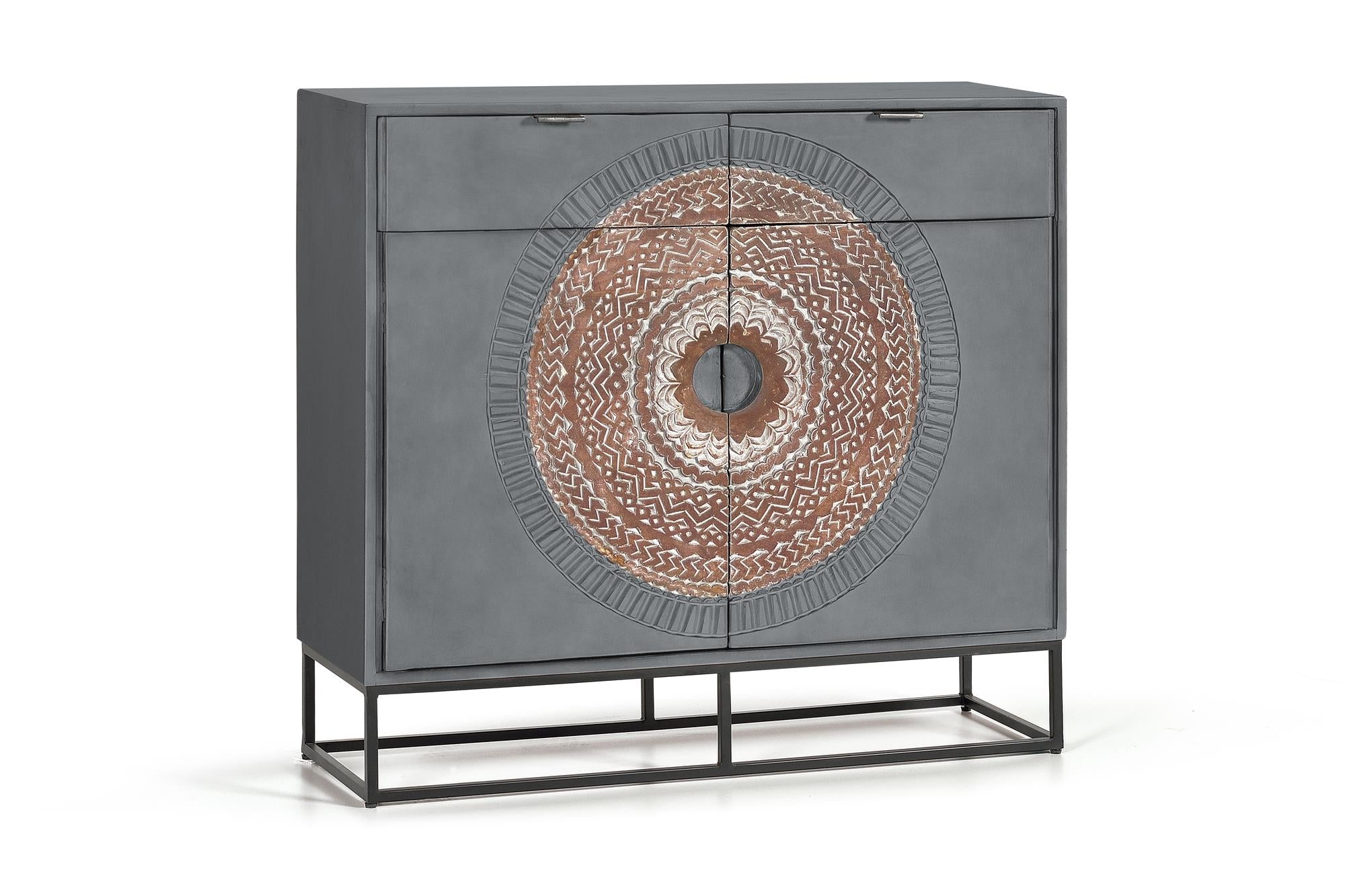 Consolle a 2 ante e 2 cassetti in massello di mango intagliato