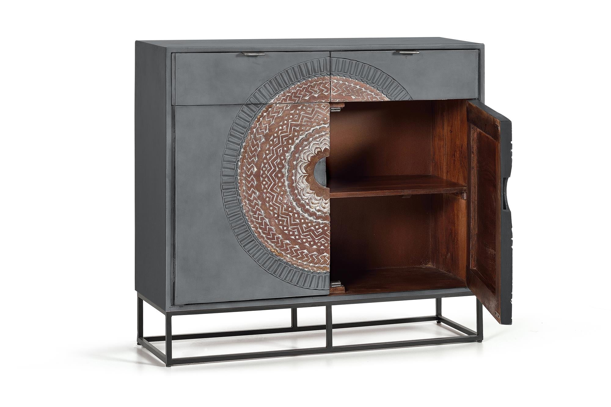 Consolle a 2 ante e 2 cassetti in massello di mango intagliato