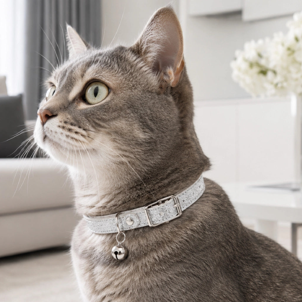 Set 3 Collari per Gatti con Campanellino, Collare Regolabile Effetto Glitter Argento 32 cm, Fibbia in Metallo, Elegante e Confortevole per Gatti e Gattini
