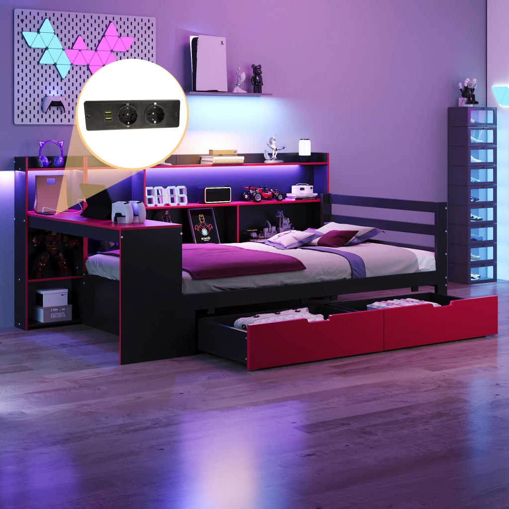 Letto combinato 90 × 200 cm 2 posti con scrivania, ripiani, LED e USB, senza materasso, legno, nero rosso