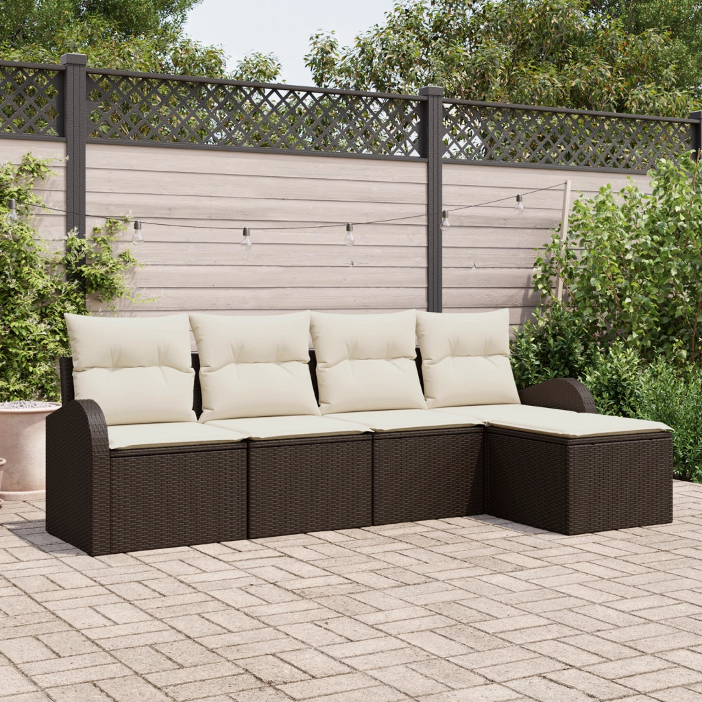 Set di divano da giardino da 5 pezzi con cuscini Marrone Polyrattan