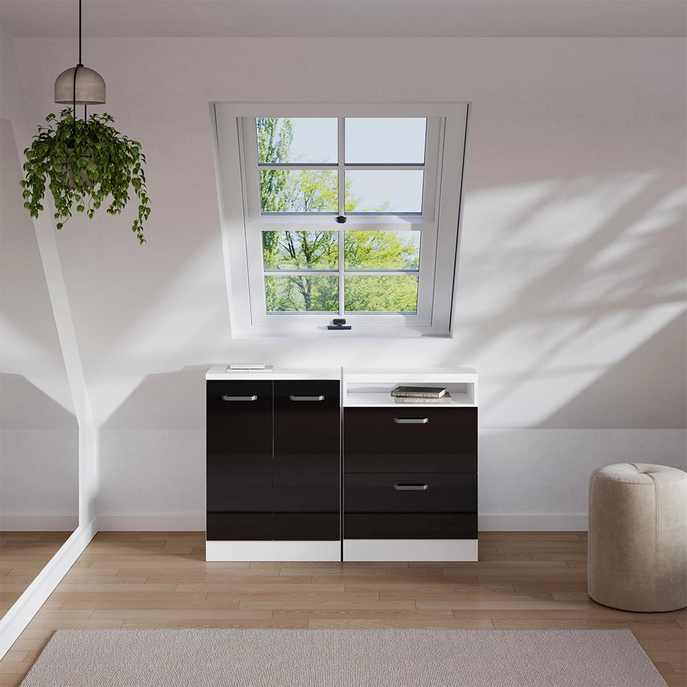Set di mobili sottotetto Rion Nero lucido/Bianco 120 cm Set di 2 carcasse armadio profondità 60 cm Vicco