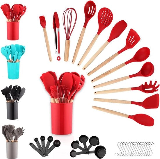 Set di accessori da cucina in silicone con maniglia in legno e gancio - contenitore per utensili da cucina rosso